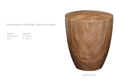 Der Hocker im Holzdesign mit Goldrand strahlt nat&uuml;rliche Eleganz aus. Mit einem Durchmesser von 22,20 cm und einer H&ouml;he von 24,00 cm verk&ouml;rpert seine Handwerkskunst zeitlose Sch&ouml;nheit &ndash; ein heiterer Akzent f&uuml;r jeden Raum, der an Bestattungstraditionen erinnert.