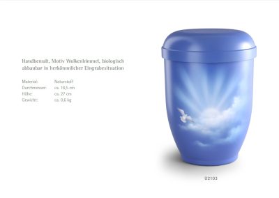 Blaue Urne mit Wolken- und Taubenmotiv, daneben deutscher Text mit Angaben zu Materialien, Abmessungen und Bestattungszweck.