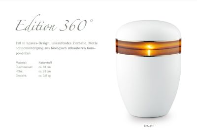 Wei&szlig;e Urne mit bernsteinfarbenem Zierband, betitelt &bdquo;Edition 360&deg;&ldquo;, gestaltet f&uuml;r Bestattung, mit Ma&szlig;- und Materialangaben in deutscher Sprache.
