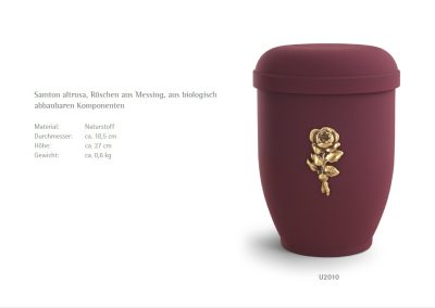Kastanienbraune Urne mit Messingrosen-Design, ideal f&uuml;r Bestattungen. Biologisch abbaubar, sorgt sie f&uuml;r einen umweltfreundlichen Abschied. Textdetails zu Abmessungen und Gewicht.