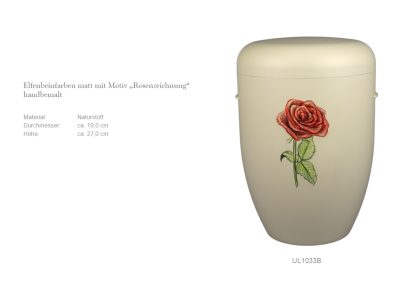 Elegante elfenbeinfarbene Urne mit rotem Rosenmotiv, perfekt f&uuml;r eine w&uuml;rdevolle Bestattung. Umgeben von deutschem Text und detaillierten Produktspezifikationen verk&ouml;rpert sie zeitlose Sch&ouml;nheit und Respekt f&uuml;r wertvolle Erinnerungen.