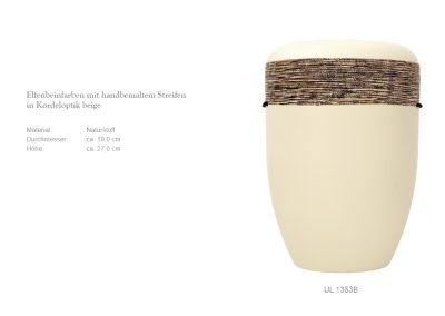 Elfenbeinfarbene Vase mit handgemalten beigen Streifen im Kordelmuster, erinnert an traditionelle Bestattungsurnen, Ma&szlig;angaben in Deutsch.