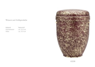 Diese Urne, ideal f&uuml;r eine Bestattung, ist aus Naturmaterial gefertigt. Sie hat einen satten Burgunderton, ist mit eleganten Goldsprenkeln verziert und hat einen Durchmesser von ca. 21 cm und eine H&ouml;he von ca. 27 cm.